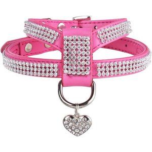 Dog Harness Genuine Leather Soft Padded Pet Sparkly Rhinestone Vest with Heart